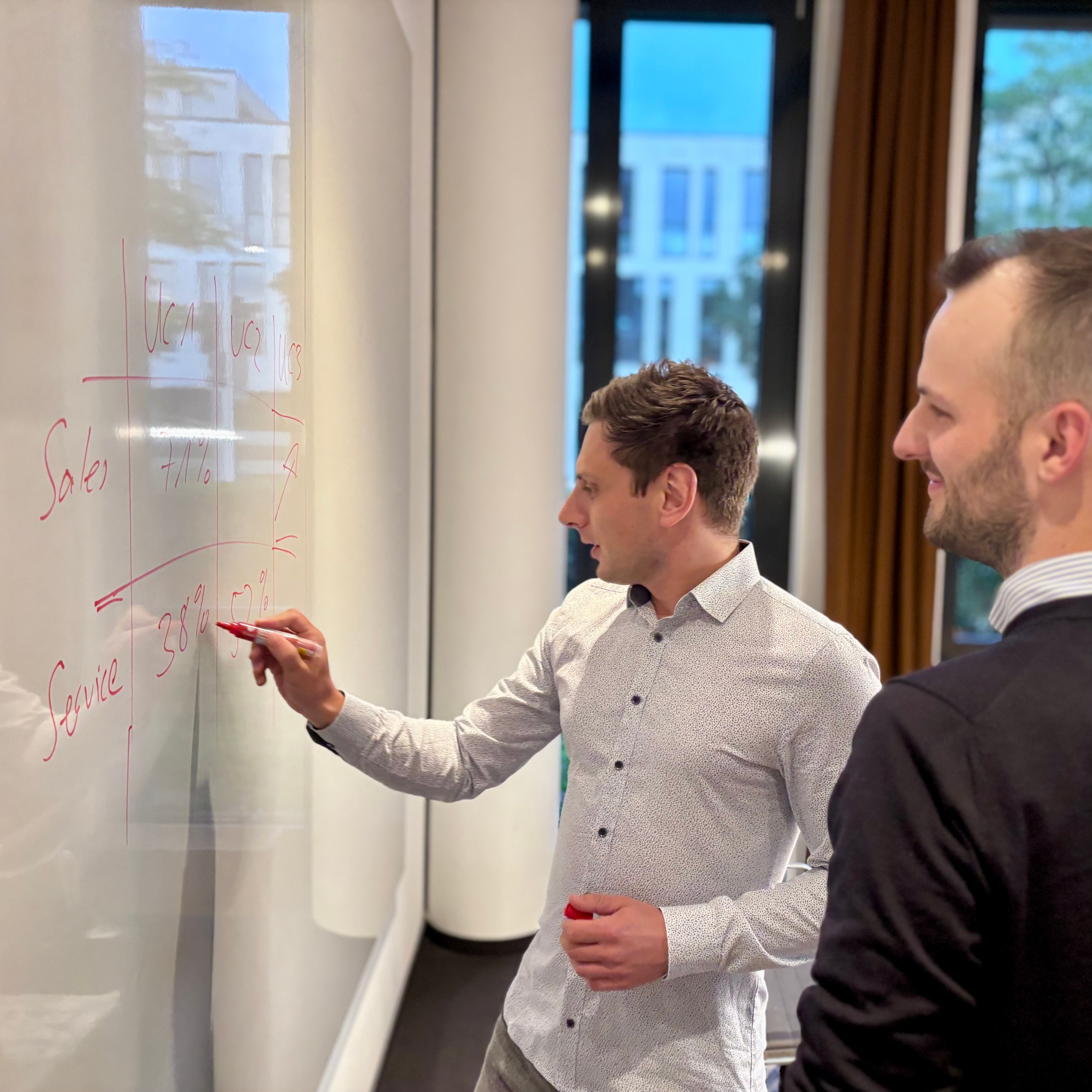 Zwei Berater von Visionary Data entwickeln Use-Cases am Whiteboard