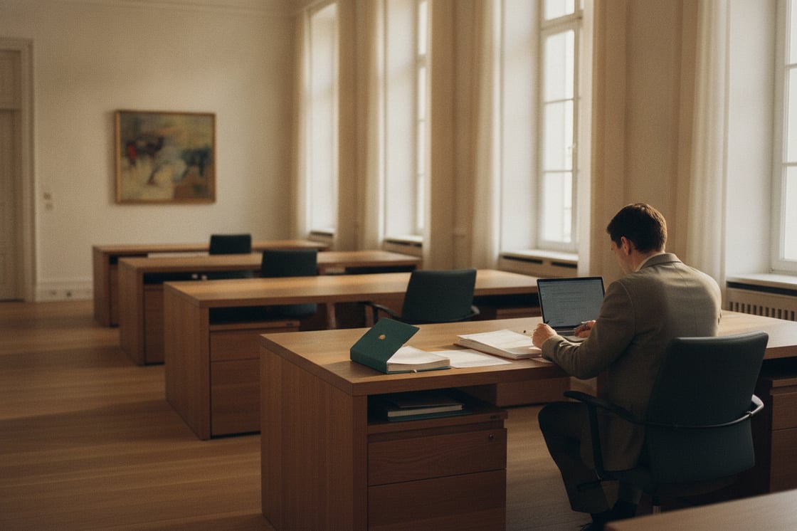 Einzelner besetzter Arbeitsplatz für die Lohnbuchhaltung in einer Kanzlei, im Hintergrund leere Schreibtischreihen im Morgenlicht, Sinnbild für Fachkräftemangel und Lohnwissen an einer einzigen Person