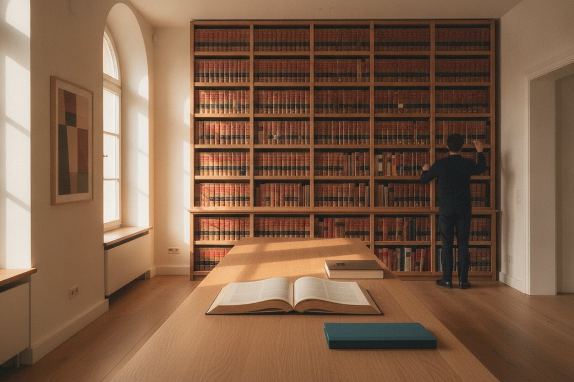 Kanzleibibliothek mit einer Wand gebundener Fachkommentare, davor ein offener Arbeitstisch mit einem aufgeschlagenen Band – Sinnbild dafür, lizenziertes Fachwissen in der eigenen offenen KI-Plattform zu nutzen statt in einer geschlossenen Verlags-KI