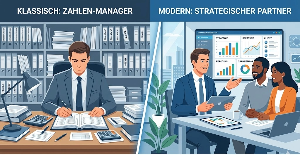 Illustration: Wandel des Steuerberater-Berufsbilds vom Zahlen-Manager zum strategischen Partner