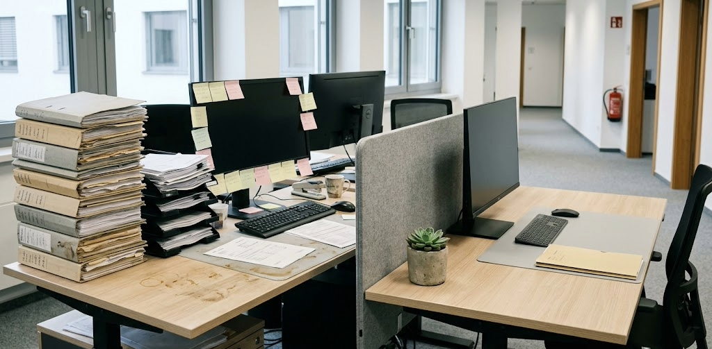 Zwei Kanzlei-Arbeitsplätze im Vergleich: voller Papierstapel links, aufgeräumter Bildschirm rechts