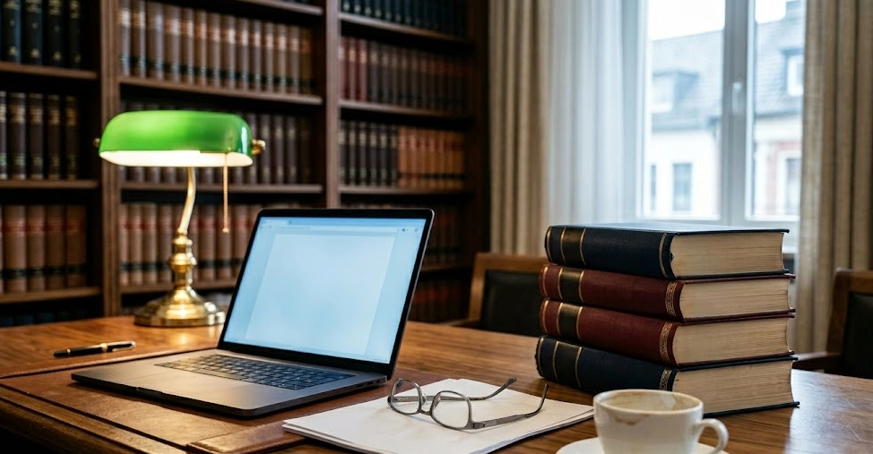 Aufgeklappter Laptop neben Steuerrecht-Kommentaren auf Kanzlei-Schreibtisch mit Lesebrille und Kaffeetasse