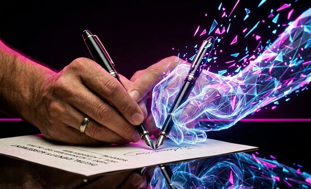 Close-up-of-two-hands-one-human-one-translucent-signing-a-document